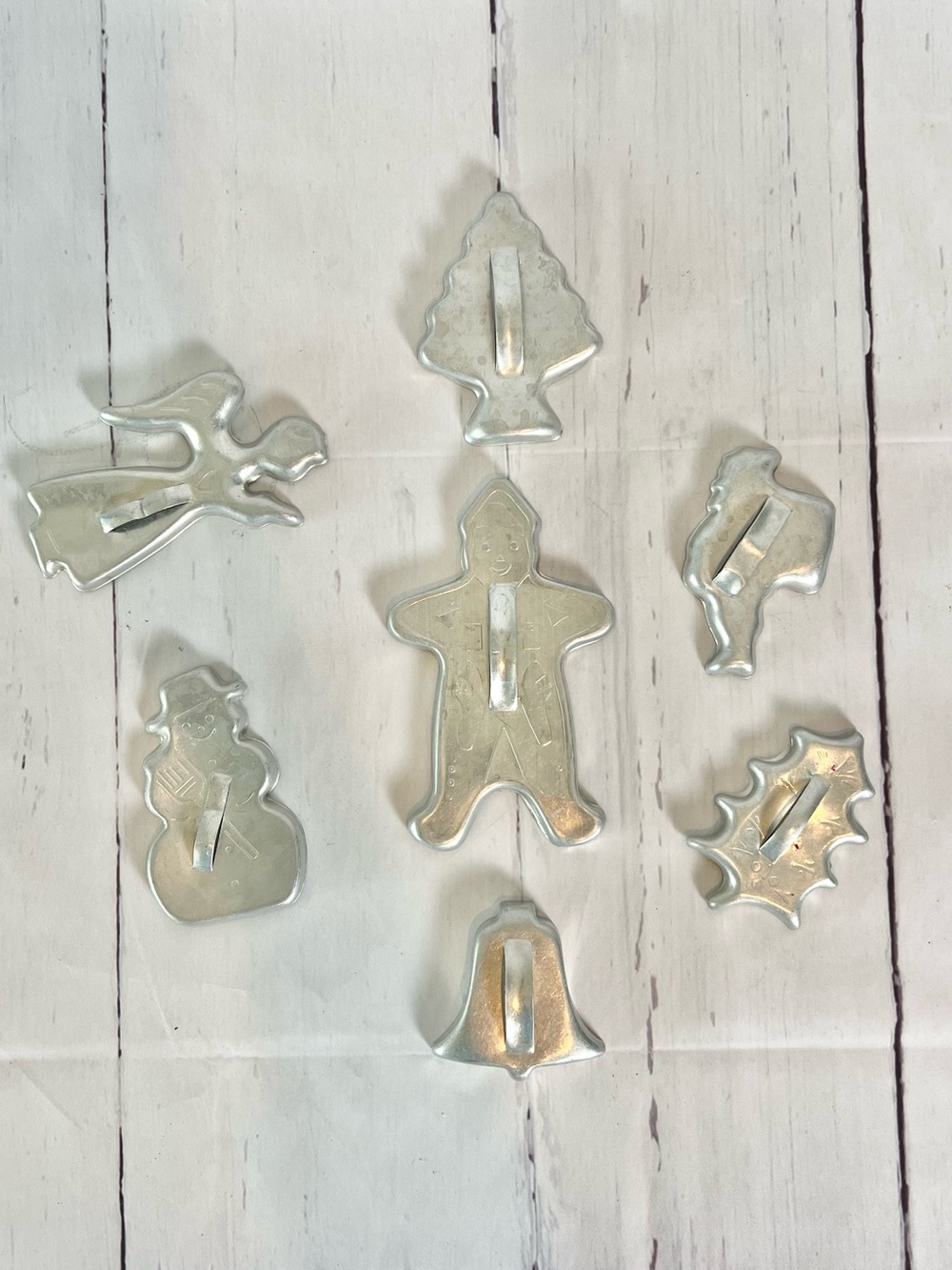 Vintage MCM Aluminum Christmas Cookie Cutters Set of 7 With Handles Retro